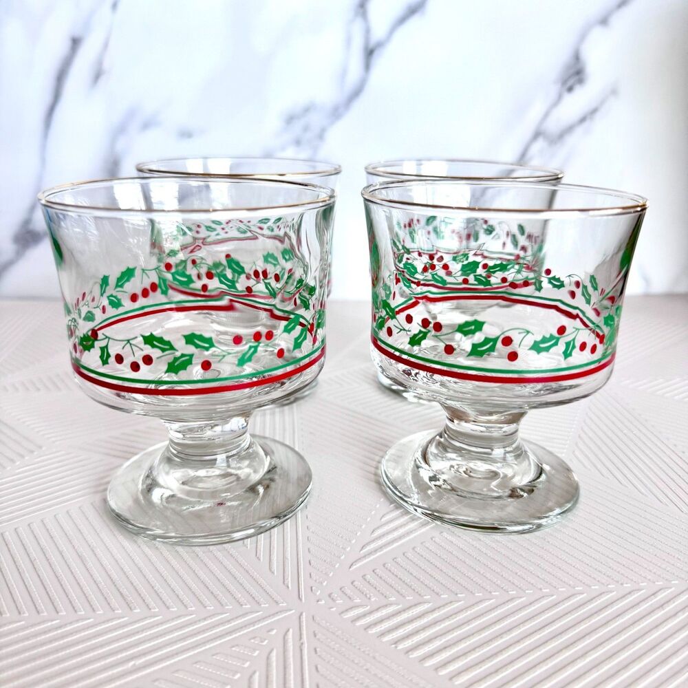 Set Of 4 Vintage Arby’s Libbey Holly Berry Sherbet Dessert Dishes Glasses 4"
